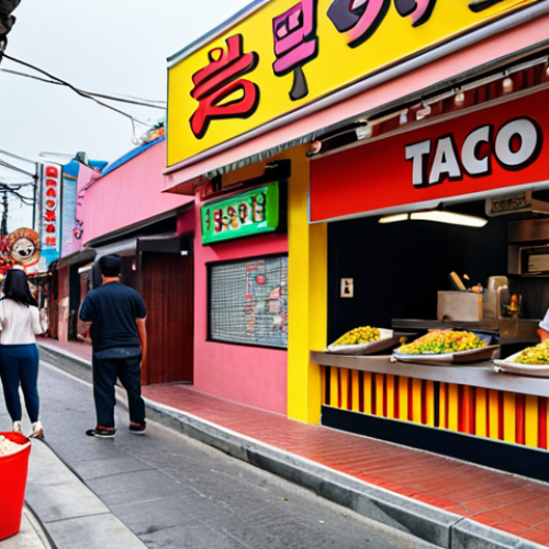 Home 6 **
Vibrant Mexican street scene with food stalls selling tacos and enchiladas. In the background, a modern Korean restaurant sign is visible, blending Korean script with Spanish. Focus on the contrast between traditional Mexican cuisine and the emerging Korean food trend.
**