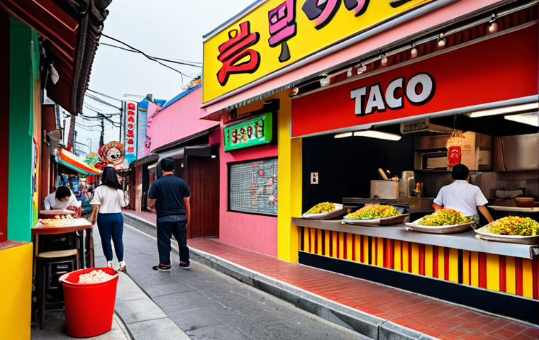 **
Vibrant Mexican street scene with food stalls selling tacos and enchiladas. In the background, a modern Korean restaurant sign is visible, blending Korean script with Spanish. Focus on the contrast between traditional Mexican cuisine and the emerging Korean food trend.
**