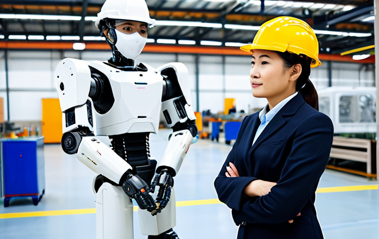 A professional female Mexican factory manager and a professional male Chinese investor, both fully clothed in appropriate business attire and hard hats, standing confidently on a clean, bright, and modern factory floor. Advanced robotic arms are visible on an assembly line in the background, subtly suggesting precision manufacturing. The scene emphasizes industrial cooperation and efficiency. safe for work, appropriate content, fully clothed, professional dress, modest clothing, perfect anatomy, correct proportions, natural pose, well-formed hands, proper finger count, natural body proportions, high-quality professional photography, detailed, realistic, sharp focus, vibrant colors, clear composition.