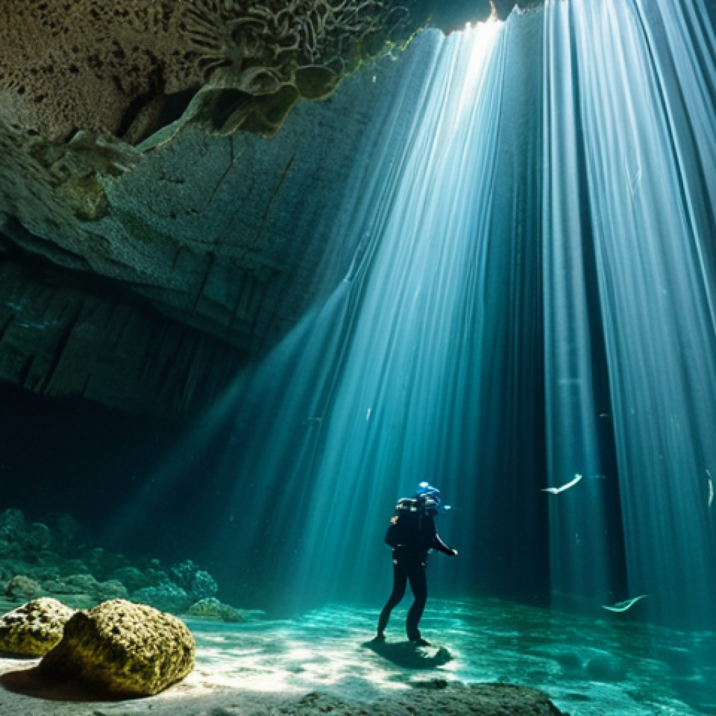 멕시코에서 해양 스포츠 즐기기 - **Cenote Diving/Swimming in Yucatan:**
"A breathtaking underwater shot inside a mysterious Mexic...