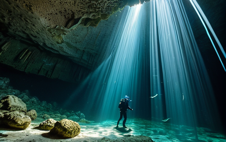 멕시코에서 해양 스포츠 즐기기 - **Cenote Diving/Swimming in Yucatan:**
"A breathtaking underwater shot inside a mysterious Mexic...
