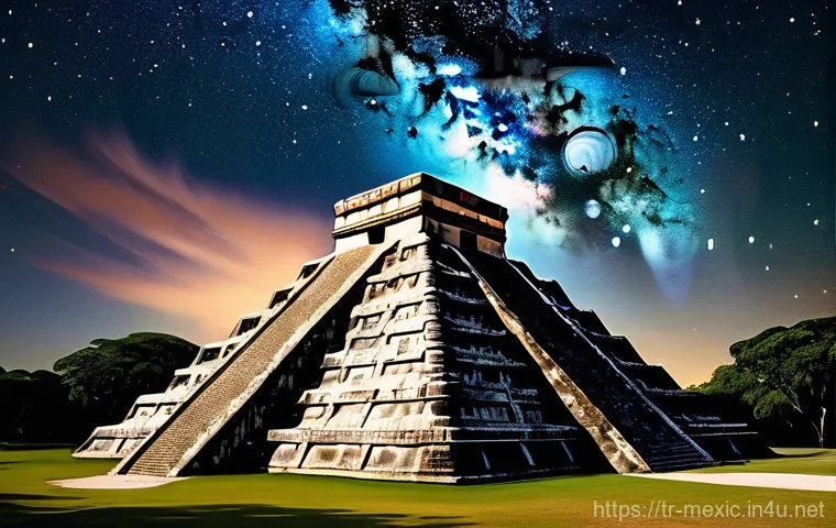 멕시코에서 유명한 UFO 목격 사례 - **Ancient Mesoamerican Cosmic Observatory:**
A majestic, wide-angle shot of a grand ancient Maya...