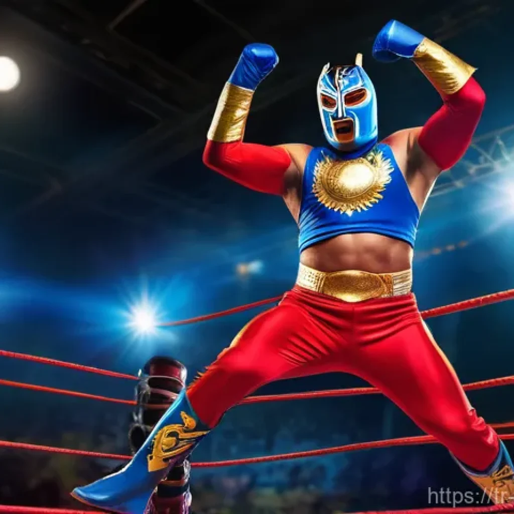 멕시코 전통 무술 루차 리브레 - **Prompt:** A dynamic, full-body shot of a male luchador mid-air, performing a high-flying acrobatic...