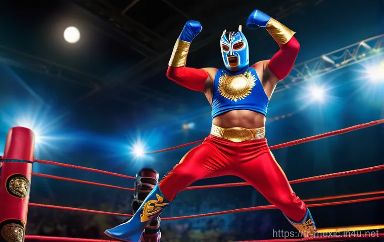 멕시코 전통 무술 루차 리브레 - **Prompt:** A dynamic, full-body shot of a male luchador mid-air, performing a high-flying acrobatic...